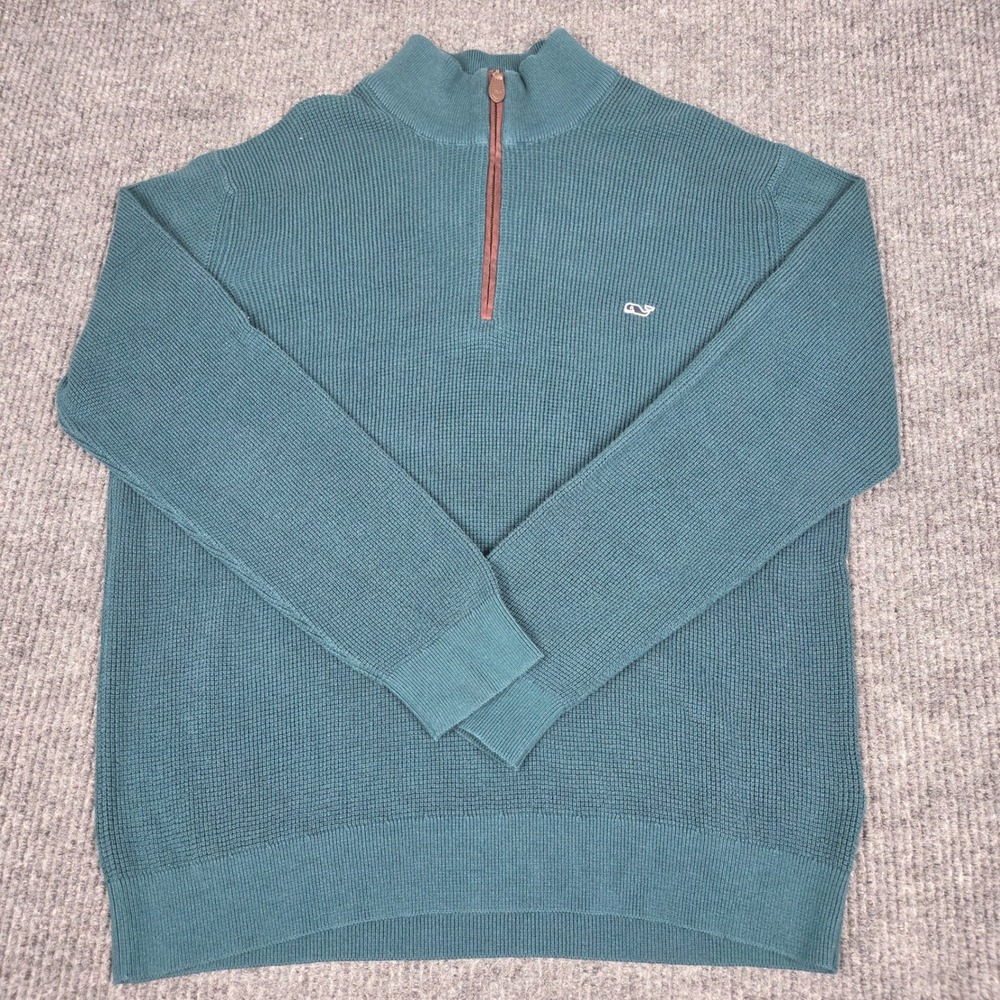 Vineyard Vines Mens Teal Waffle Knit Quarter Zip Pullover Sweater Large 261217